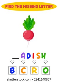Find missing letter. Educational spelling game for kids.Education puzzle for children find missing letter of cute radish printable bug worksheet
