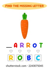 Find missing letter. Educational spelling game for kids.Education puzzle for children find missing letter of cute carrot printable bug worksheet