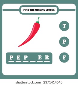 Find the missing letter. Educational spelling game for kindergarten or elementary students. Printable worksheet design for kids. Learning English. Simple vector illustration of red pepper.