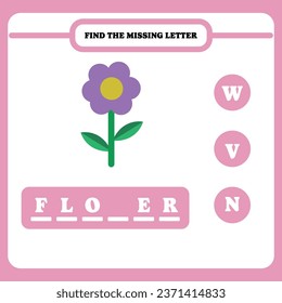 Find the missing letter. Educational spelling game for kindergarten or elementary students. Printable worksheet design for kids. Learning English. Simple vector illustration of flower.