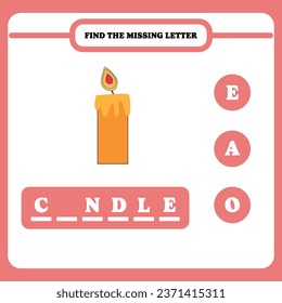 Find the missing letter. Educational spelling game for kindergarten or elementary students. Printable worksheet design for kids. Learning English. Simple vector illustration of candle.