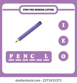 Find the missing letter. Educational spelling game for kindergarten or elementary students. Printable worksheet design for kids. Learning English. Simple vector illustration of pencil.