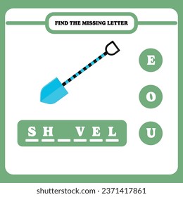 Find the missing letter. Educational spelling game for kindergarten or elementary students. Printable worksheet design for kids. Learning English. Simple vector illustration of shovel.