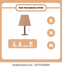 Find the missing letter. Educational spelling game for kindergarten or elementary students. Printable worksheet design for kids. Learning English. Simple vector illustration of lamp.