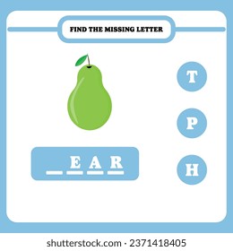 Find the missing letter. Educational spelling game for kindergarten or elementary students. Printable worksheet design for kids. Learning English. Simple vector illustration of pear.