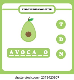 Find the missing letter. Educational spelling game for kindergarten or elementary students. Printable worksheet design for kids. Learning English. Simple vector illustration of avocado.