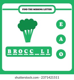 Find the missing letter. Educational spelling game for kindergarten or elementary students. Printable worksheet design for kids. Learning English. Simple vector illustration of broccoli.