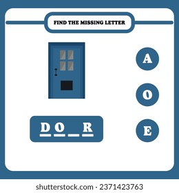 Find the missing letter. Educational spelling game for kindergarten or elementary students. Printable worksheet design for kids. Learning English. Simple vector illustration of door.