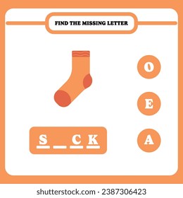 Find the missing letter. Educational spelling game for kindergarten or elementary students. Printable worksheet design for kids. Learning English. Vector illustration of orange sock.