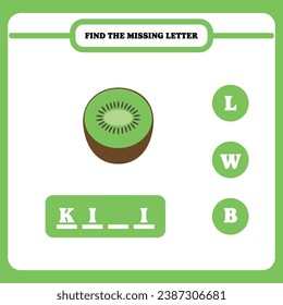 Find the missing letter. Educational spelling game for kindergarten or elementary students. Printable worksheet design for kids. Learning English. Vector illustration of kiwi.