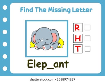 find the missing letter of elephant. cute little elephant sleep  
