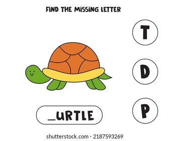 Find missing letter in English language. Cute turtle. Educational spelling game for kids.