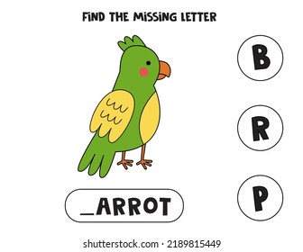 Find missing letter in English language. Cute parrot. Educational spelling game for kids.