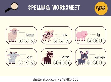 Find missing letter with farm animals. Spelling worksheet.