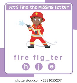 Find the missing letter fire fighter worksheet for kids learning professions in English. Educational alphabetic game. Printable worksheet for preschool.  Spelling and writing practise page for kids