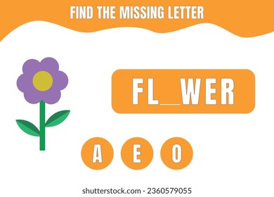 Find the missing letter. Flower vector. Educational game for preschool, kindergarten or elementary students. Printable worksheet design for kids.