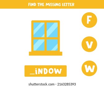 Find missing letter. Glass window. Educational spelling game for kids.