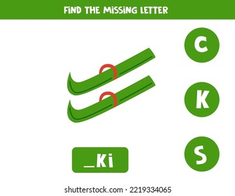 Find missing letter. Green ski. Educational spelling game for kids.