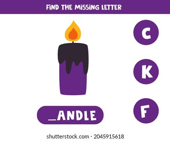 Find missing letter. Halloween candle. Educational spelling game for kids.