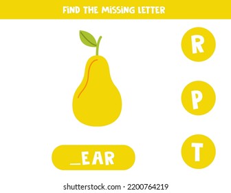 Find missing letter. Hand drawn pear. Educational spelling game for kids.
