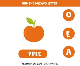 Find missing letter. Hand drawn apple. Educational spelling game for kids.