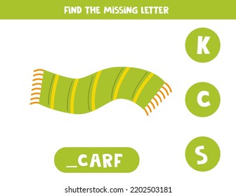 Find missing letter. Hand drawn green scarf. Educational spelling game for kids.