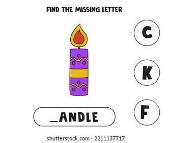 Find missing letter. Hand drawn candle. Educational spelling game for kids.