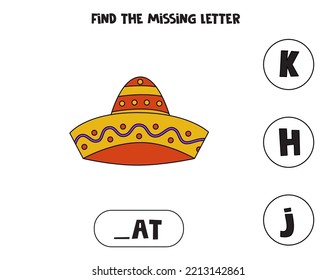 Find missing letter. Hand drawn Mexican hat. Educational spelling game for kids.