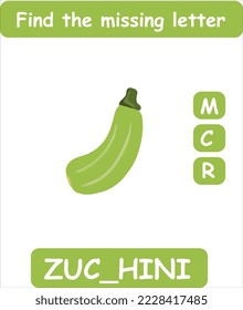 Find the missing letter. Hand drawn zucchini. Learning english words for kids