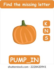 Find the missing letter. Hand drawn pumpkin. Learning english words for kids