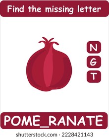 Find the missing letter. Hand drawn pomegranate. Learning english words for kids