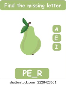 Find the missing letter. Hand drawn pear. Learning english words for kids