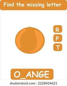 Find the missing letter. Hand drawn orange. Learning english words for kids