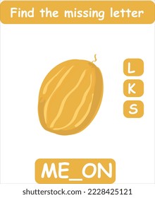 Find the missing letter. Hand drawn melon. Learning english words for kids