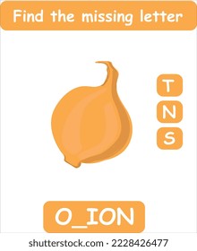 Find the missing letter. Hand drawn onion. Learning english words for kids