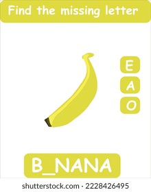 Find the missing letter. Hand drawn banana. Learning english words for kids