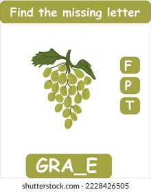 Find the missing letter. Hand drawn grape. Learning english words for kids