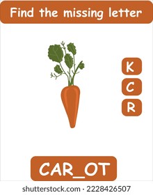 Find the missing letter. Hand drawn carrot. Learning english words for kids