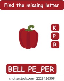 Find the missing letter. Hand drawn Bellpepper. Learning english words for kids