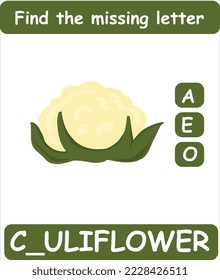 Find the missing letter. Hand drawn CAULIFLOWER. Learning english words for kids