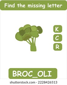 Find the missing letter. Hand drawn broccoli. Learning english words for kids