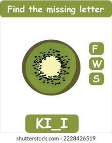 Find the missing letter. Hand drawn kiwi. Learning english words for kids