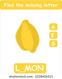Find the missing letter. Hand drawn lemon. Learning english words for kids