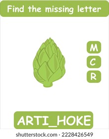 Find the missing letter. Hand drawn artichoke. Learning english words for kids