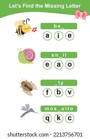 Find the missing letter insect edition. Printable children activity worksheet. Cute cartoon character bugs. Educational spelling puzzle game for kids. Fill in the missing letter.