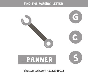Find missing letter. Iron spanner. Educational spelling game for kids.