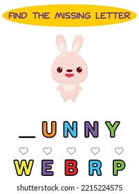 Find missing letter. kawaii bunny. Educational spelling game for kids.Education puzzle for children find missing letter of cute cartoon bunny  printable bug worksheet