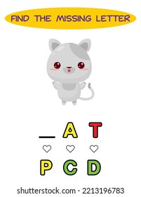 Find missing letter. kawaii cat. Educational spelling game for kids.Education puzzle for children find missing letter of cute cartoon cat  printable bug worksheet