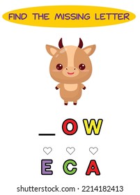 Find missing letter. kawaii cow. Educational spelling game for kids.Education puzzle for children find missing letter of cute cartoon cow  printable bug worksheet