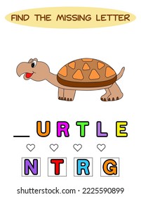 Find missing letter. kawaii turtle. Educational spelling game for kids.Education puzzle for children find missing letter of cute cartoon lama  printable bug worksheet.